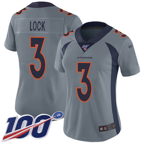 Denver Broncos Limited Women Silver Drew Lock 100th Season Jersey #3 Inverted Legend NFL Football Nike->women nfl jersey->Women Jersey